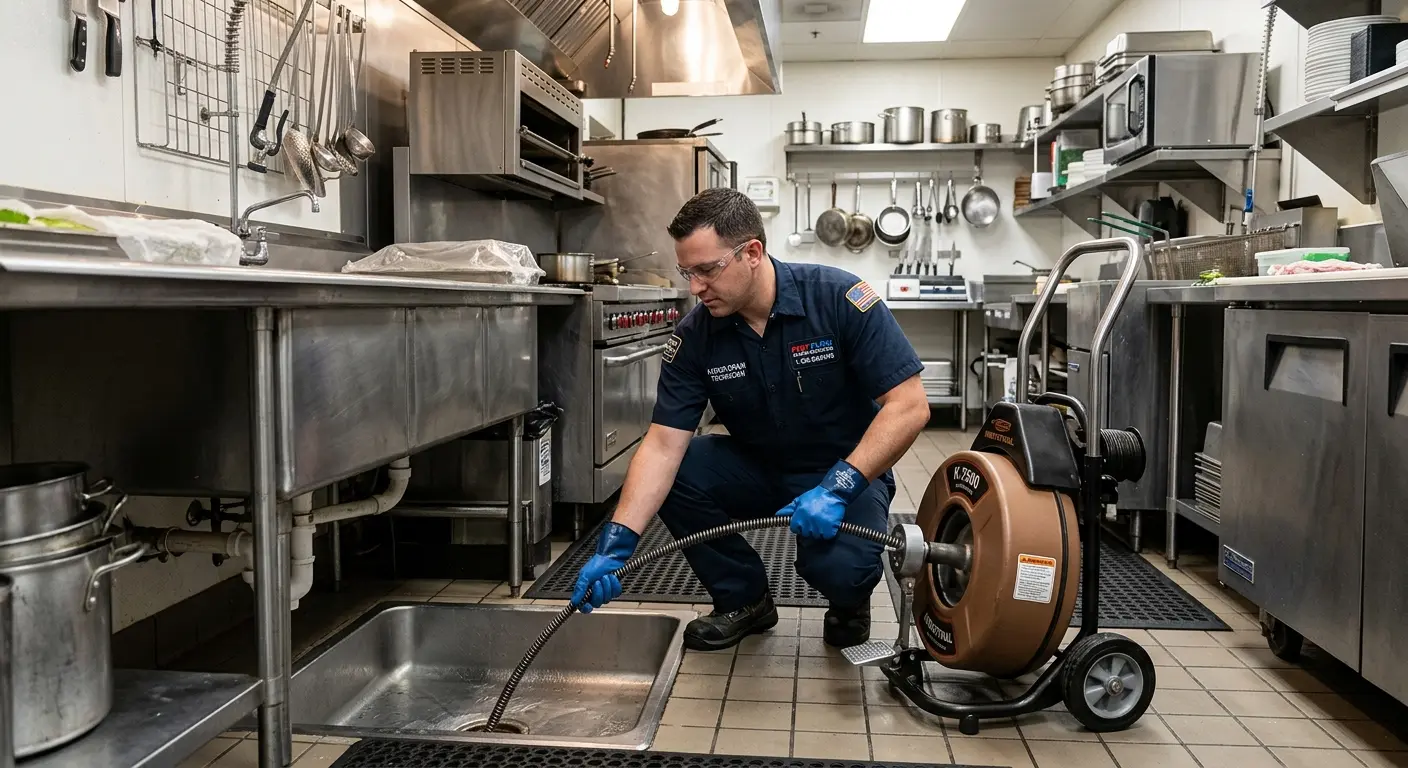 Commercial drain cleaning service in a restaurant kitchen in Chena Ridge