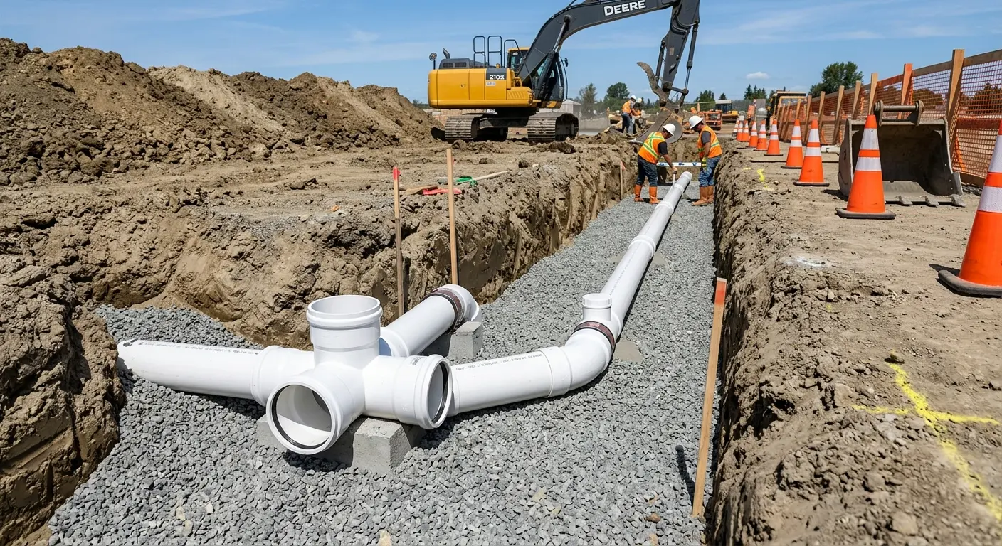 New PVC sewer pipe installation in open trench for Sewer Backup in Chena Ridge