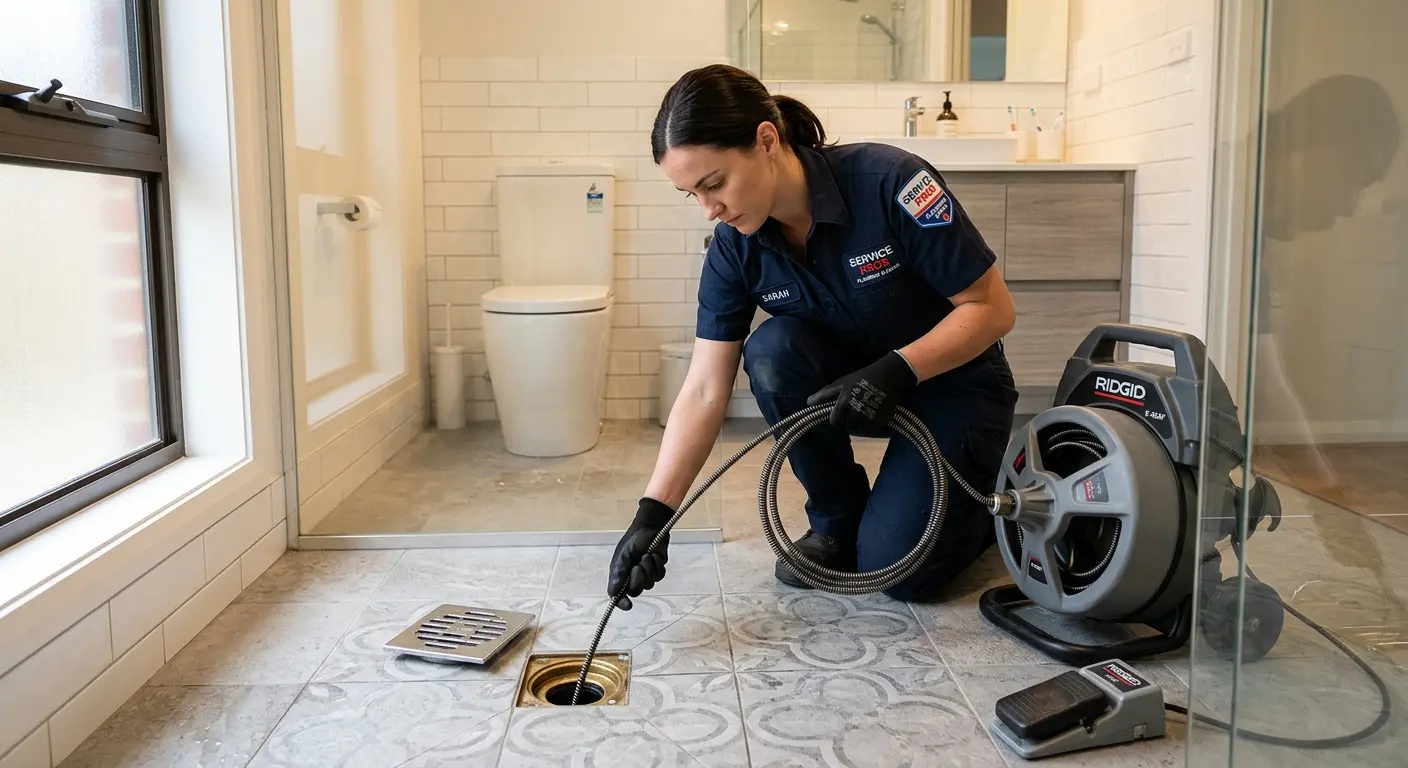 Technician clearing a bathroom floor drain for Sewer Line Installation in Chena Ridge